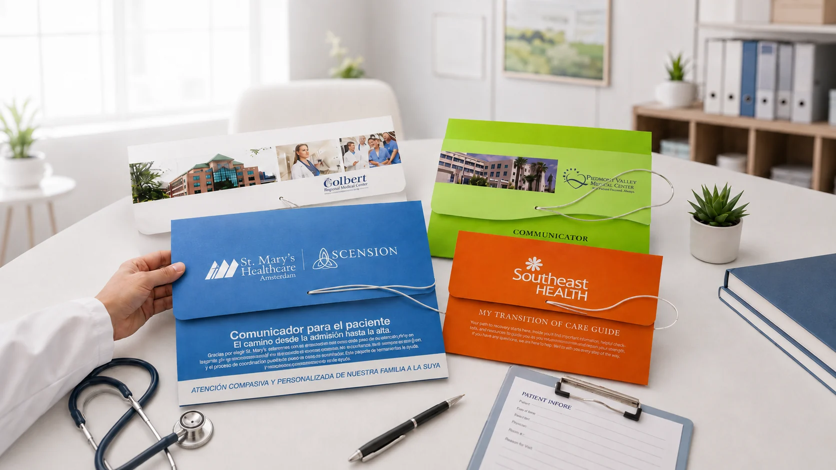 Four admit and discharge folders in different hospital brands standing on a desk beside a stethoscope and a clipboard, with a clinician&rsquo;s hand resting on one of them
