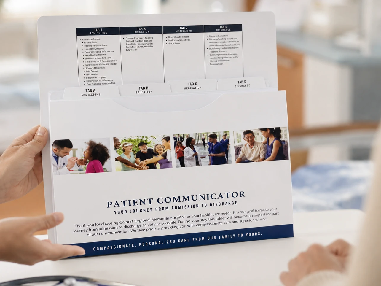A clinician holding an open Colbert Regional Memorial Hospital Patient Communicator folder, its Admissions, Education, Medication and Discharge tabs showing what goes in each section