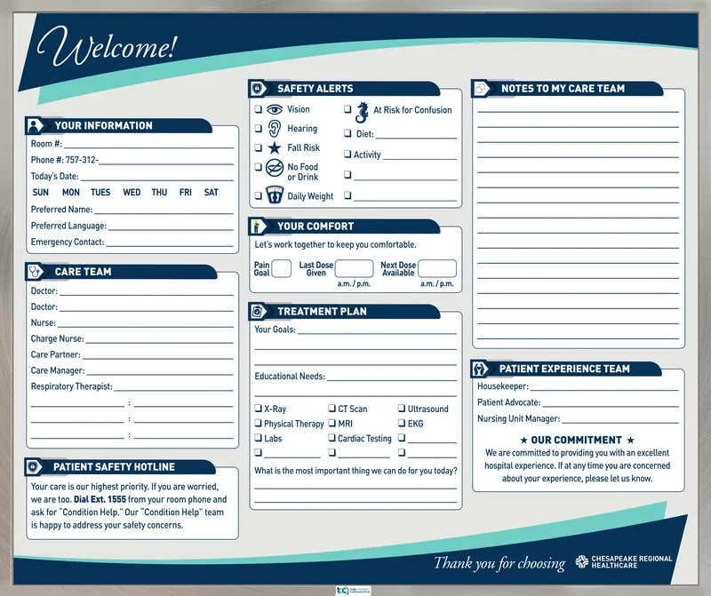 A navy and teal Chesapeake Regional Healthcare welcome board, with panels for your information, care team, patient safety hotline, safety alerts, comfort, treatment plan, notes to my care team and the patient experience team