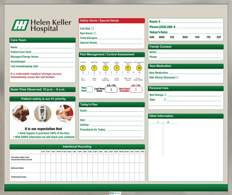 Helen Keller Hospital med/surg communication board, with care team and housekeeping panels, quiet time hours, a bilingual pain management scale, today&rsquo;s plan, family contact and an intentional rounding grid