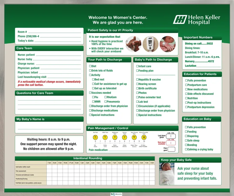 A Helen Keller Hospital Women&rsquo;s Center board, with care team for patient and baby, separate discharge paths for mother and baby, a pain scale, important numbers, patient and baby education checklists and an intentional rounding grid
