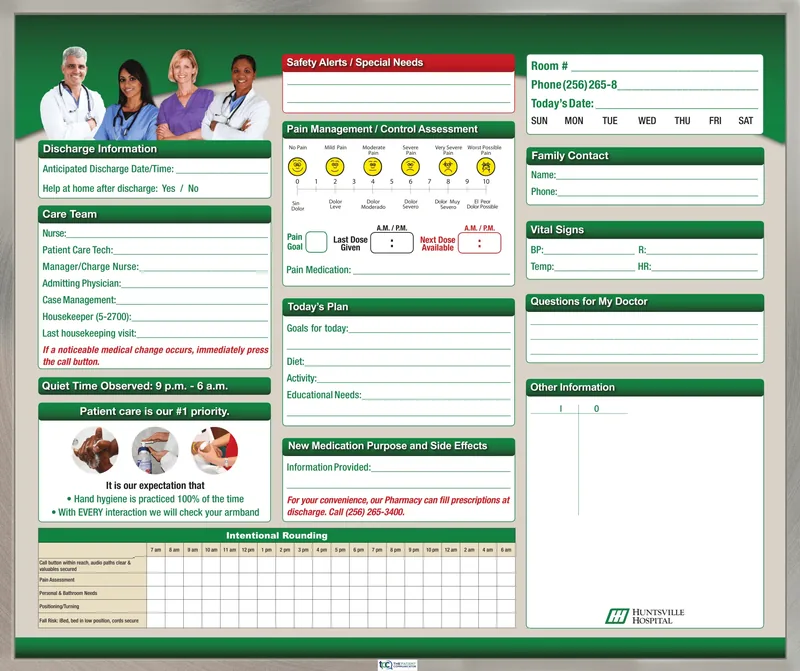 Huntsville Hospital patient communication board in green and cream, with panels for discharge information, care team, quiet time, safety alerts, pain management, today&rsquo;s plan, vital signs and an intentional rounding grid