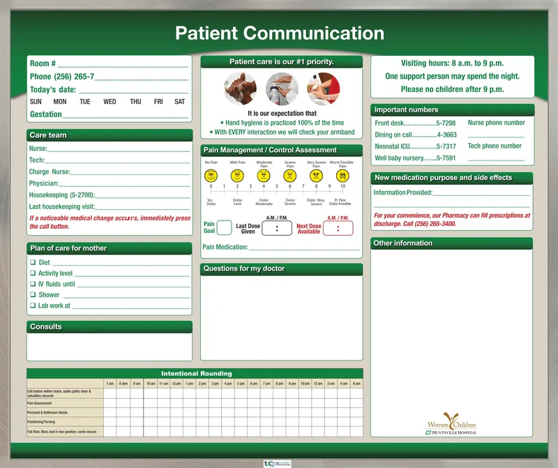 A Huntsville Hospital Women & Children antepartum board, with gestation and care team fields, a plan of care for mother, consults, visiting hours, important numbers, questions for my doctor and an intentional rounding grid