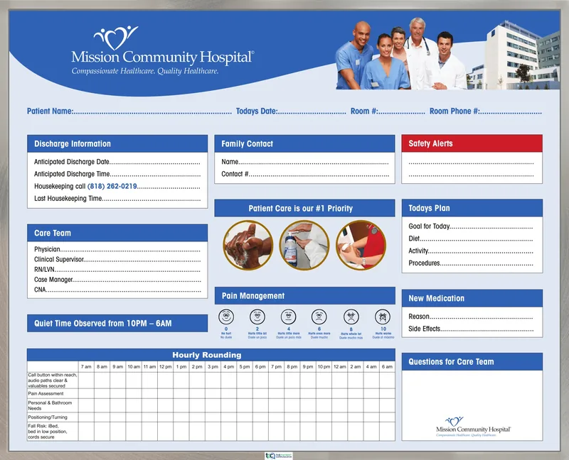 A Mission Community Hospital interchangeable patient whiteboard in blue, with panels for discharge information, care team, family contact, safety alerts, today&rsquo;s plan, pain management, new medication and hourly rounding