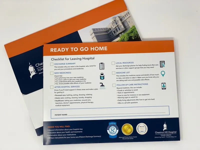 Chestnut Hill Hospital folder with its Ready to Go Home discharge checklist insert laid on top