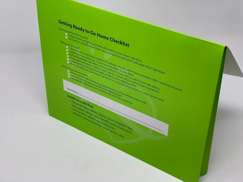 Back panel of the Piedmont Valley Medical Center folder, printed with a Getting Ready to Go Home checklist